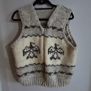 Gray and Cream Knit Vest with Bird Pattern